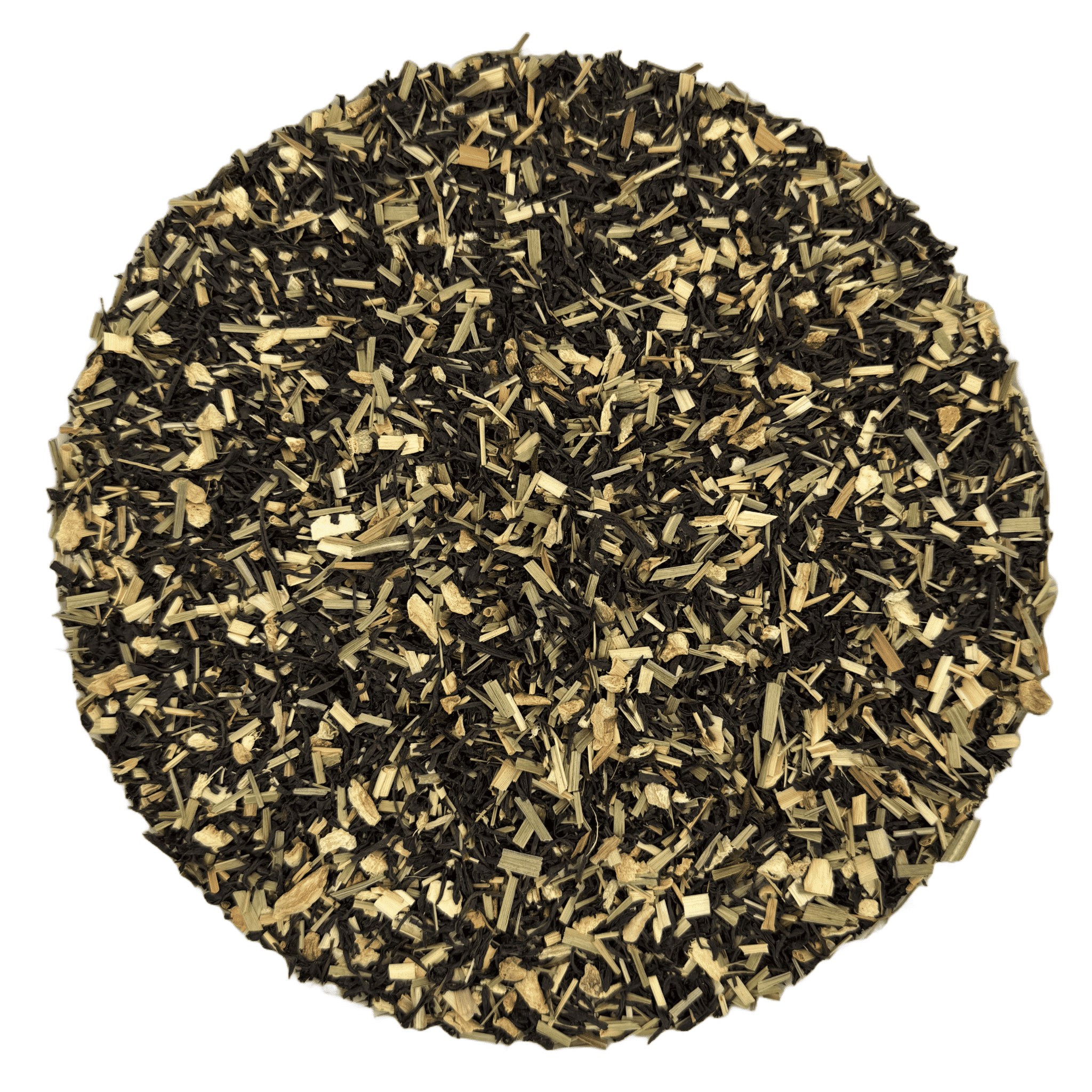Mélange en vrac de thé noir avec morceaux de citron et gingembre pour une infusion revigorante et équilibrée.