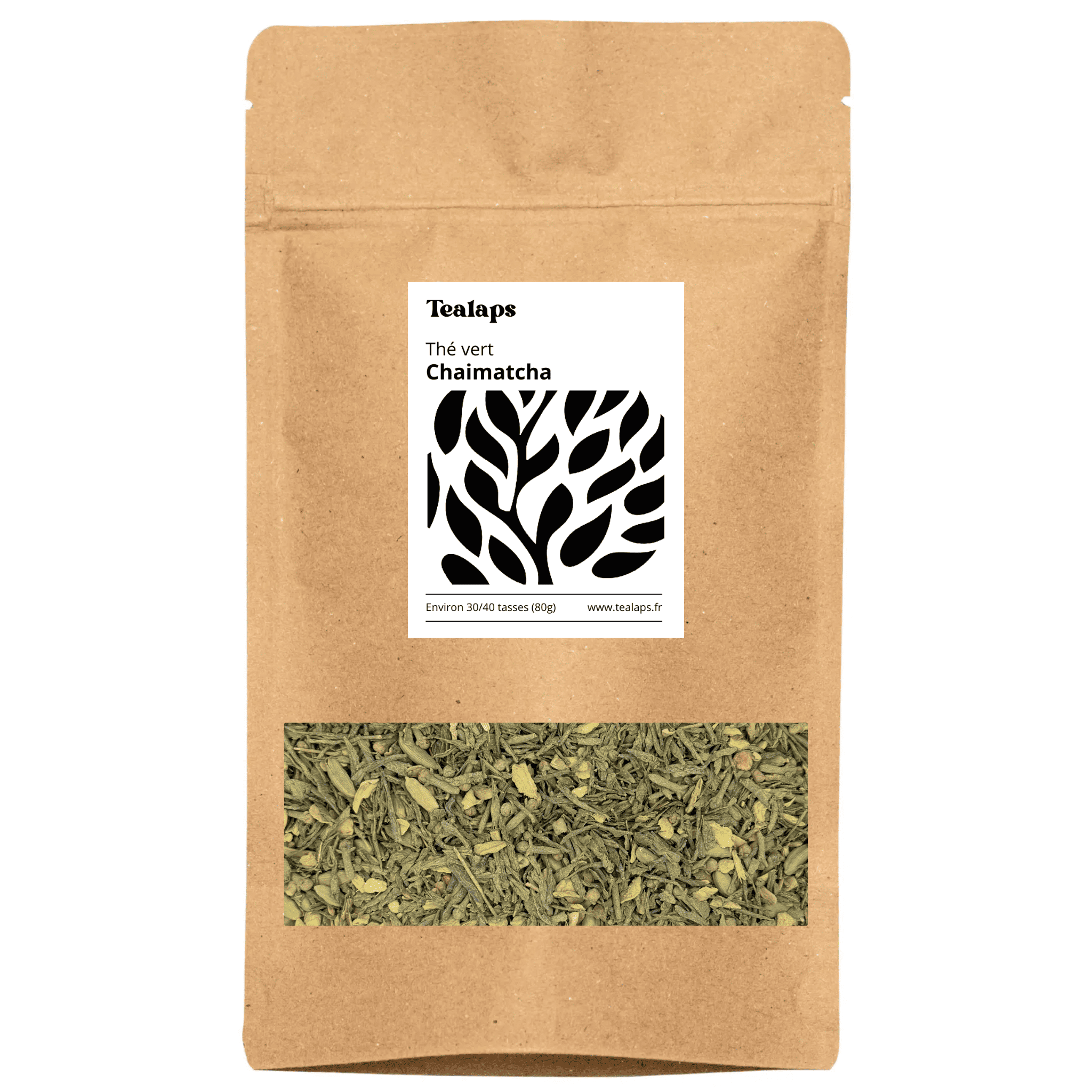 Thé vert Chai Matcha en vrac dans sachet kraft avec mélange de feuilles et épices pour infusion douce et épicée