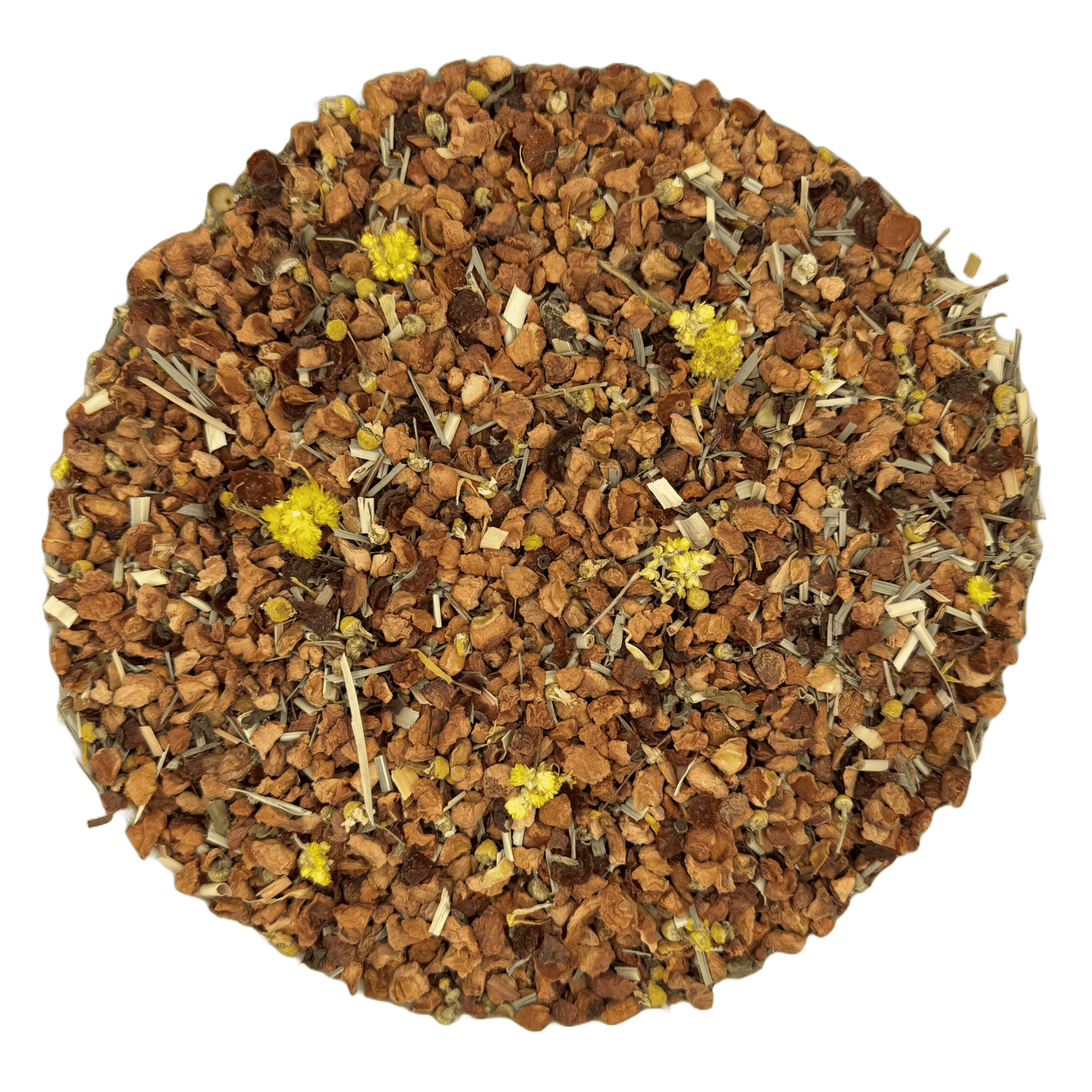 Tisane Méditation en vrac composée de plantes relaxantes avec des fleurs jaunes pour favoriser calme et bien-être.